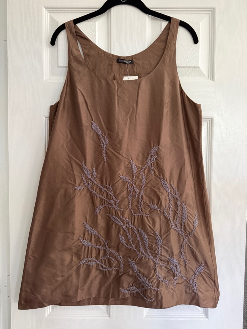 Eileen Fisher Taupe Embroidered Silk Tank Dress